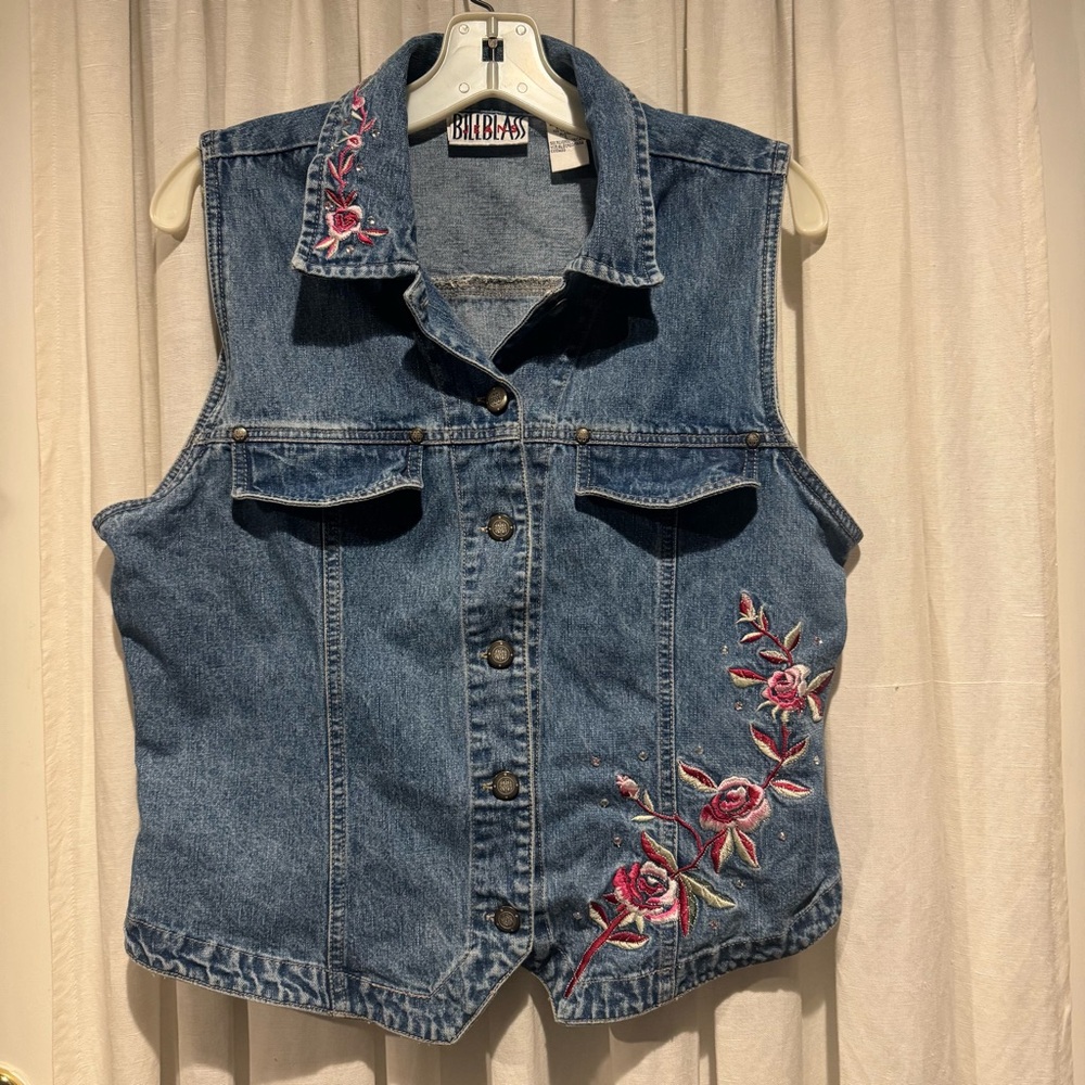 Bill Blass Denim Vest with Pink/RedFloral Embroidery and Rhinestone studs